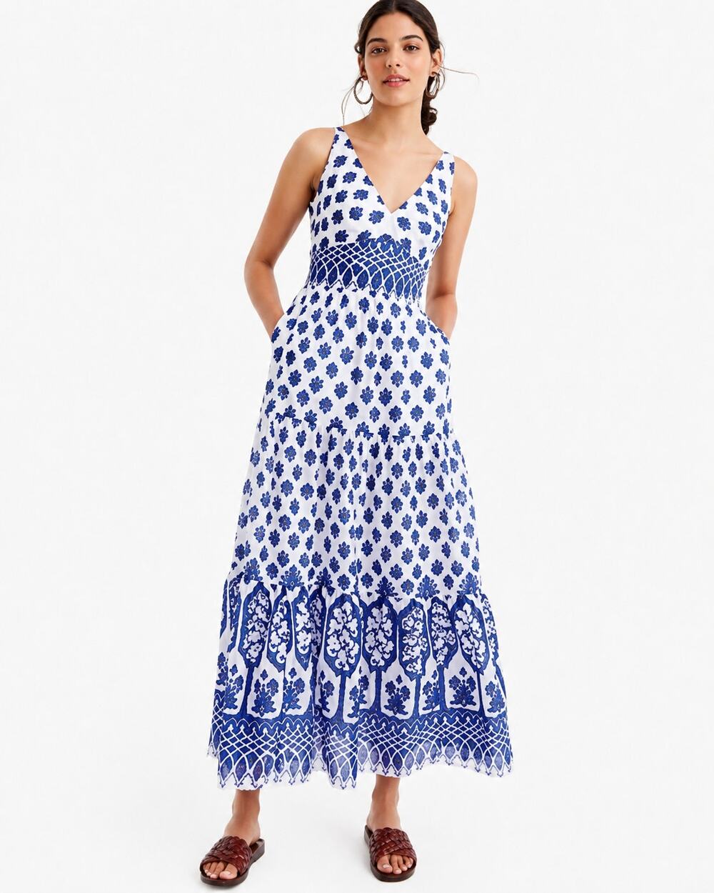 J.Crew Women's Blue White Santorini Block Print V-Neck Cotton Maxi Dress Size 4